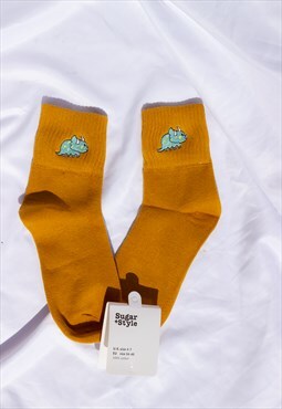 Yellow Dinosaur Embroidered Socks