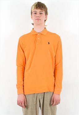 Vintage L Men's Polo Shirt Long Sleeve Cotton Orange Retro