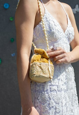 MUSTARD GOLD VELVET MINI BAG POUCH DRAWSTRING JUHLA