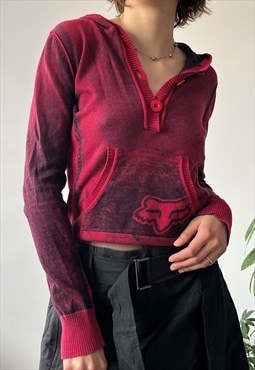 Vintage 00's Y2K Washed Burgundy Red Button Up Knit Hoodie