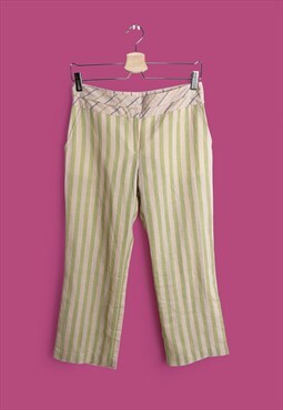 Vintage 90's Striped 3/4 Flared Linen Beige Capri Pants 