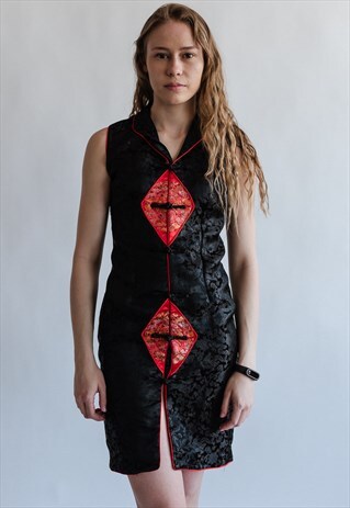 VINTAGE Y2K ORIENTAL STYLE DRESS IN BLACK SATIN
