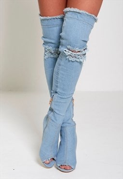 JUSTYOUROUTFIT Ripped Thigh Boots Light Denim