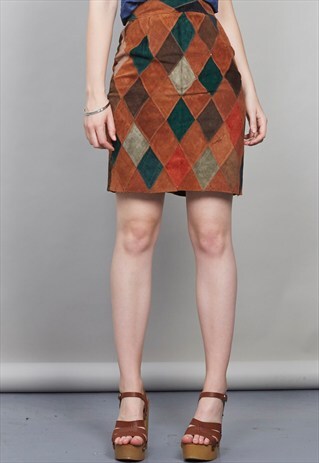 VINTAGE SUEDE PATCH WORK SUEDE PENCIL SKIRT