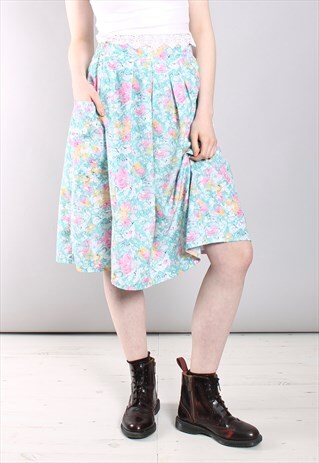 VINTAGE 80S FLORAL PASTEL PLEAT FRONT MIDI SKIRT