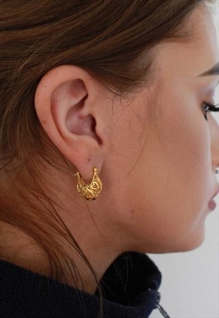 24K GOLD FILLED VINTAGE FILIGREE HEART HOOP EARRINGS
