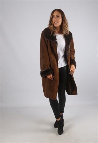 VINTAGE SHEEPSKIN SUEDE SHEARLING COAT UK 16 - 18 (K9BV)