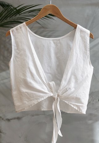 WHITE OPEN TIE BACK CROPPED LINEN TOP