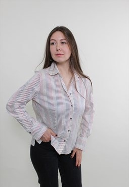 Vintage 90s Casual White Striped Blouse - Button Up 