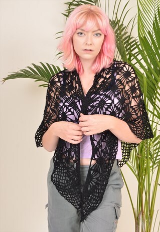 Y2K CROCHET KNIT HIPPY BOHO SUMMER PICNIC SHAWL BLACK