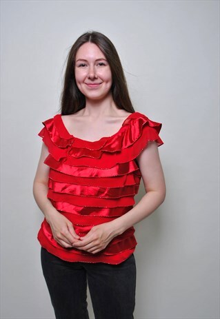 Y2K RUFFLE TOP, 00S RED SEXY PARTY TANK - EXTRA LARGE