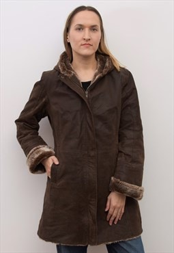 Jacket L M Hooded Aged Leather Parka Coat Faux Fur Sherpa