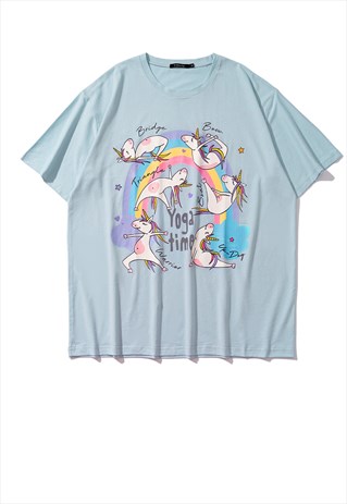 UNICORN PRINT T-SHIRT Y2K TEE RAINBOW RETRO TOP IN BLUE