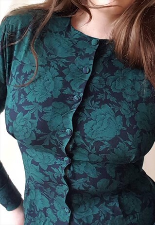 VINTAGE 80S EMERALD GREEN ROSE PRINT LONG SLEEVE BLOUSE