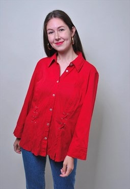 Vintage red blouse, 90s wide sleeve women shirt 