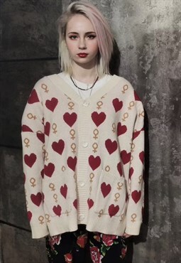 Heart print cardigan love knitwear sweater jumper cream red