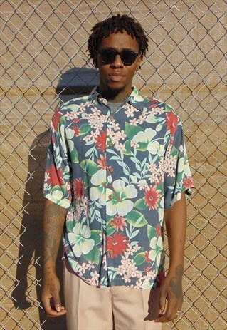 90S CLASSIC HAWAIIAN FLORAL SILK FEEL PATTERN SHIRT SMALL