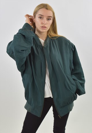 VINTAGE 90S GREEN SILK BOMBER JACKET