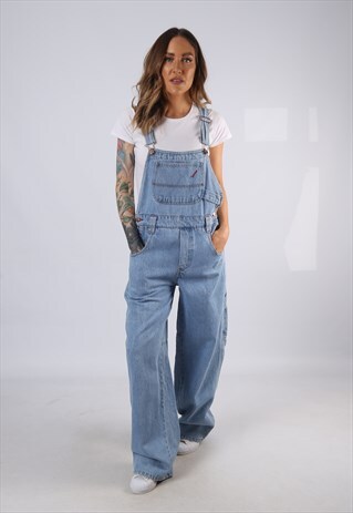 VINTAGE DENIM DUNGAREES WIDE LEG UK 10 SMALL (C3T)
