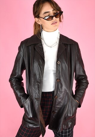 VINTAGE 70S LEATHER TRENCH JACKET BROWN BUTTONS