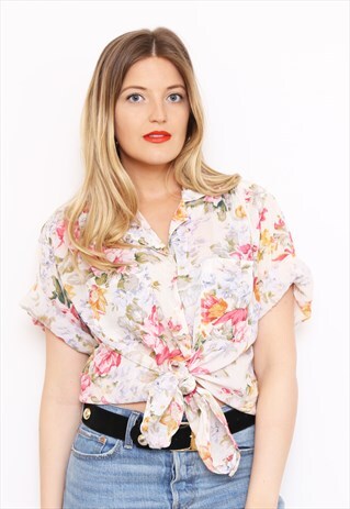 VINTAGE 80S FLORAL PRINT COTTON SHIRT BLOUSE