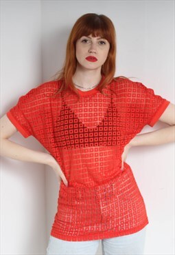 Vintage Versace Mesh Log Knit T-Shirt Top - Red