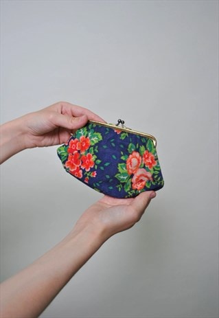 Vintage flower purse, 80s blue floral purse, clasp corduroy 