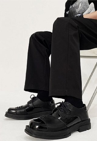 SQUARE TOE BROGUES SHOES EDGY PLATFORM BOOTS IN BLACK