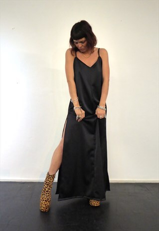 BLACK SATIN MAXI DRESS WITH SIDE LEG SPLITS