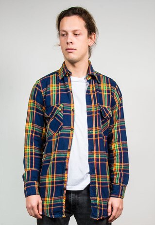 VINTAGE NAVY BLUE CHECK PATTERN FLANNEL SHIRT