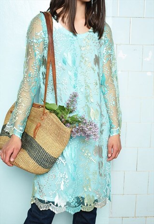 VINTAGE 90S EMBROIDERED INDIAN SARI BLOUSE TOP TUNIC BLUE
