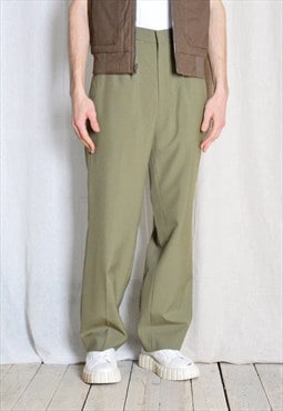 Vintage Khaki Green Wool Blend Minimalist Pleated Mens Pant