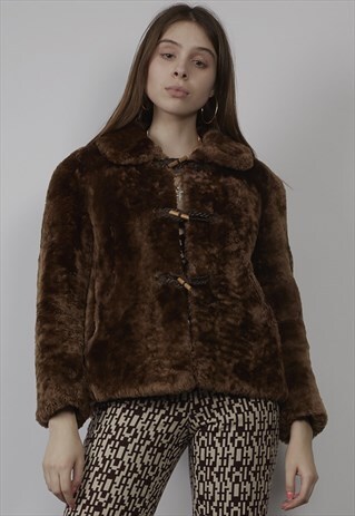 VINTAGE 70'S BROWN TEDDY SHEEPSKIN DUFFLE JACKET