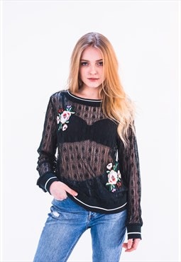 Long Sleeve Lace Top with Rose Floral Patches in Green