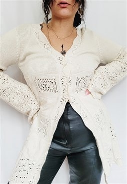 Retro 90s cream white patchwork long buttons down cardigan