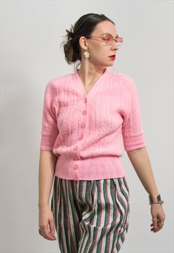 Vintage knitted blouse in pink openwork short sleeve