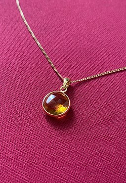 Natural Citrine Round Gold Pendant on curb Chain, Yellow 