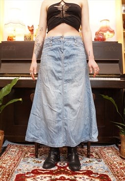Vintage 90s Denim Low Rise Maxi Skirt in Light Blue