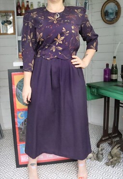 Vintage 70s Purple Monochrome Floral Pleated Midi Vest Dress