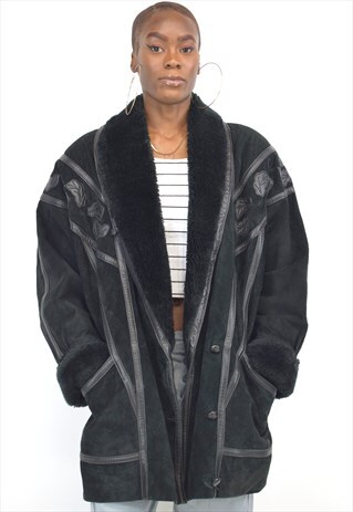 VINTAGE 90S BLACK SHEARLING LEATHER DETAIL COAT
