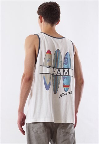 VINTAGE TEAM SURF GRAPHIC TEE TANK TOP 90S WHITE 1996