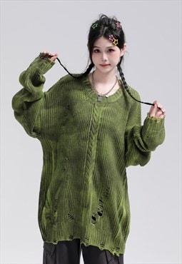 Tie-dye sweater knitted cable jumper ripped Y2K top in green