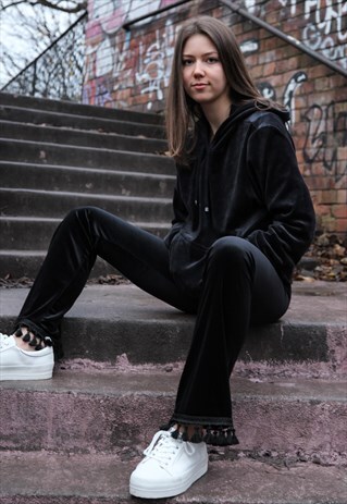 VELVET FLARES - BLACK WITH TASSEL TRIMMING