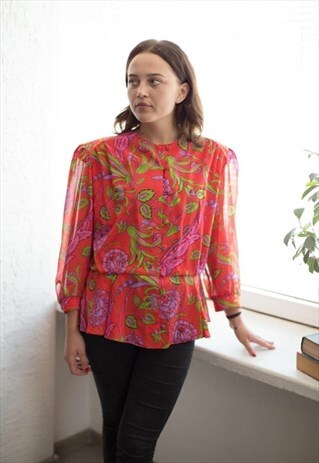 VINTAGE 80'S RED FLOWER PRINT BLOUSE
