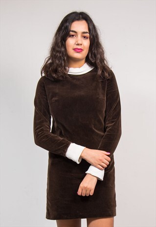 VINTAGE 60'S BROWN VELOUR STYLE HIGH NECK DRESS