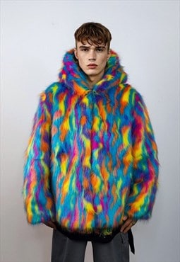 Hooded fauxfur psychedelic jacket 70s bomber neon raver coat