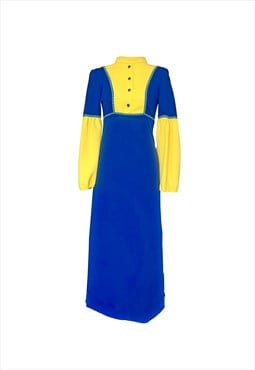 70s vintage Retro blue/yellow folk Maxi Dress 