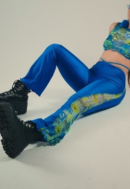 Y2K Raver Graphic Print and Blue Tie Waist Festival Flares
