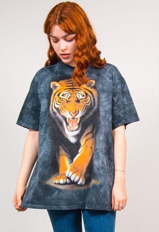 VINTAGE 90'S BLUE TIE DYE TIGER PRINT OVERSIZED T-SHIRT