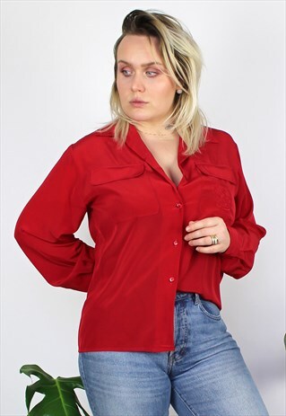 VINTAGE 1980'S RED LONG SLEEVE EMBROIDERED SHIRT 10 12